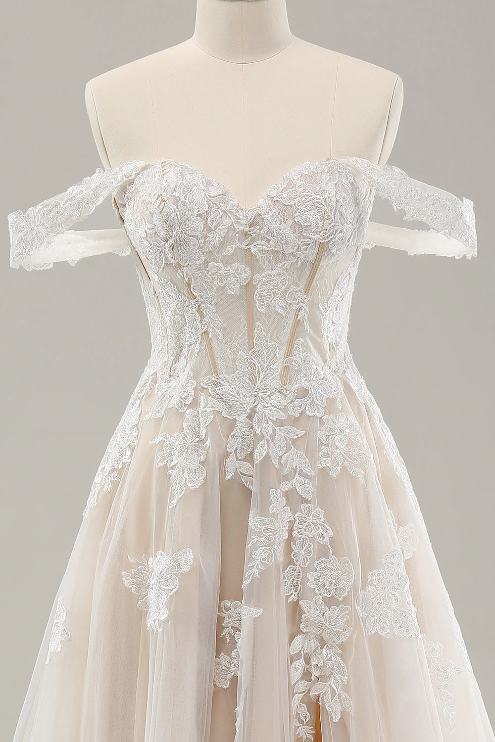 Princess White Off the Shoulder Applique Tulle Wedding Dress with Slit - JUORTHO