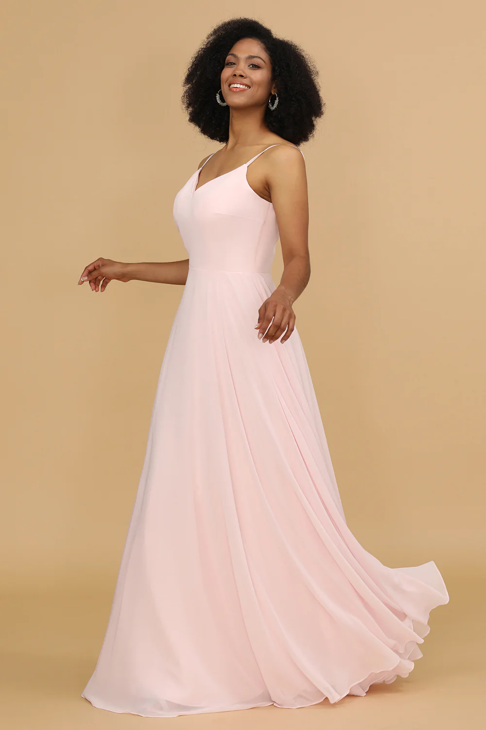 Pink  V-neck Spaghetti Straps Bridesmaid Dress - JUORTHO