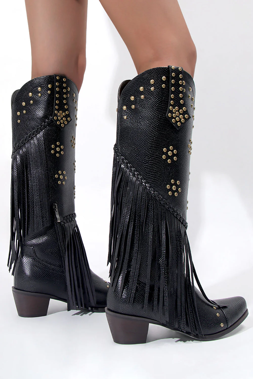 Women's Black Beaded Fringes Pointed Toe Chunky Hell Boots - JUORTHO