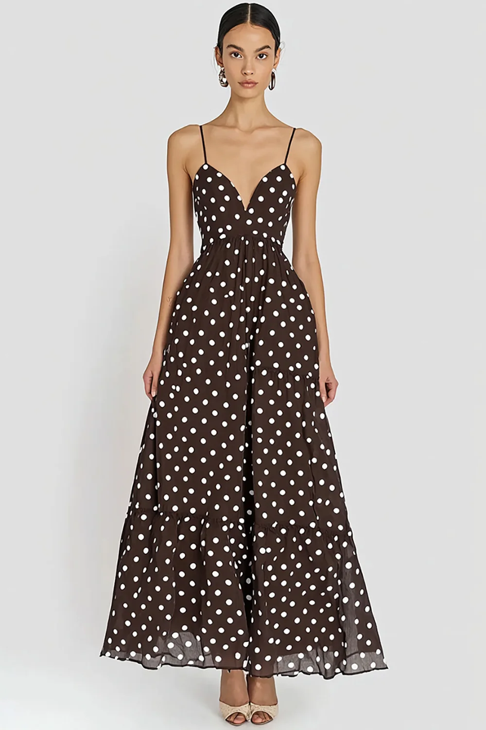 Chiffon Coffee and White Spaghetti Straps A Line Boho Maxi Polka Dot Dress - JUORTHO