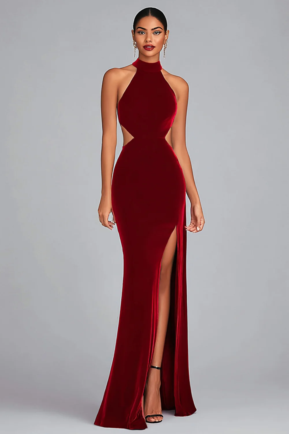 Black Velvet Mermaid Halter Long Holiday Party Dress with Slit - JUORTHO