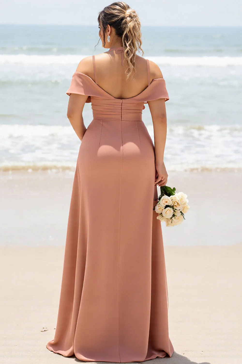 Sunset Sheath Cold Shoulder Long Bridesmaid Dress with Slit - JUORTHO