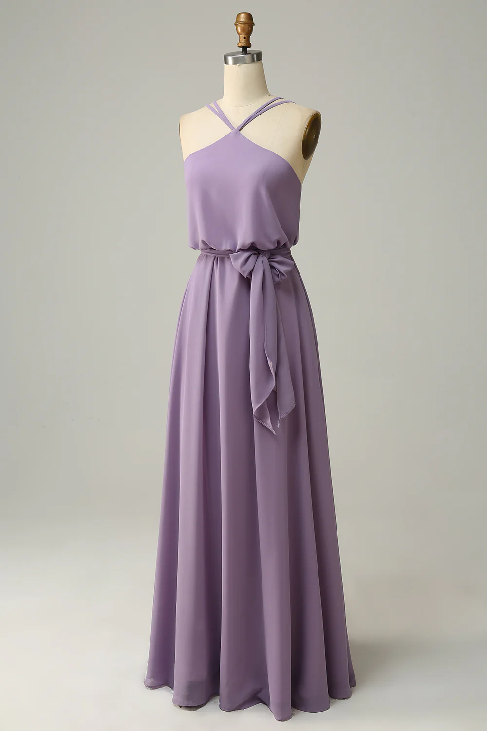 A Line Halter Grey Purple Long Bridemaid Dress with Bowknot - JUORTHO