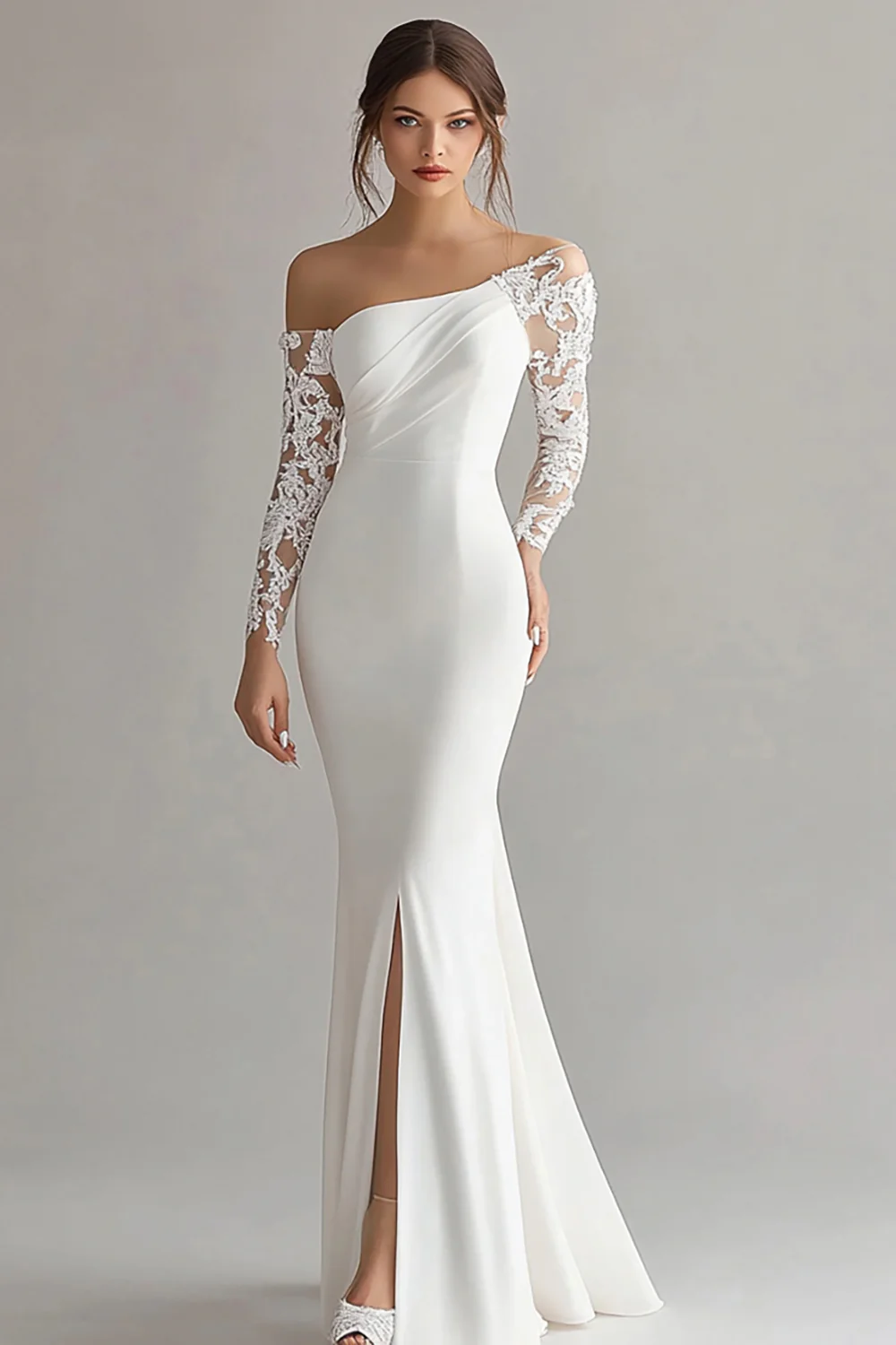 Ivory Mermaid Long Sleeves Maxi Rehearsal Dinner Dress with Lace - JUORTHO