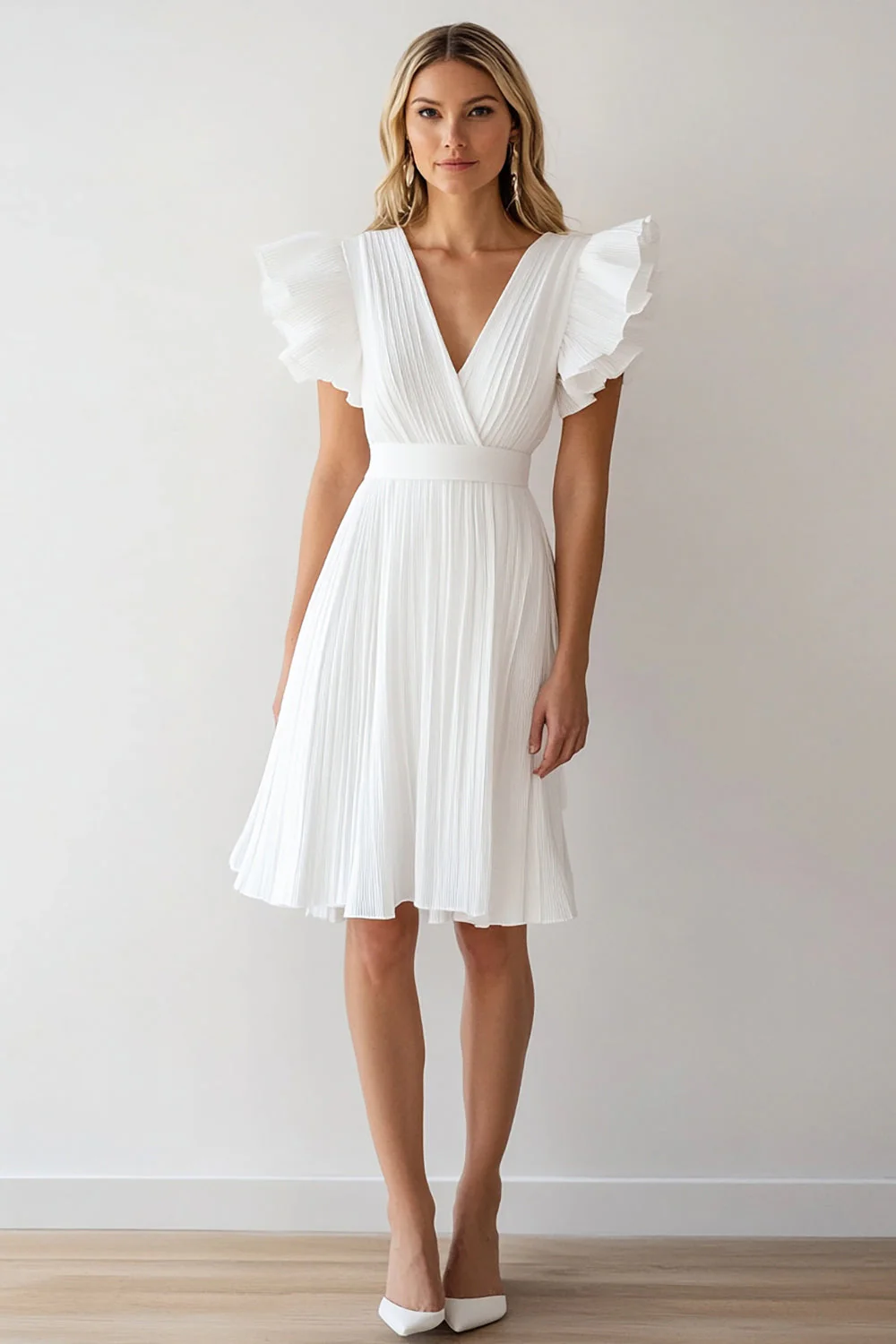 Ivory A Line Chiffon V-Neck Short Graduation Dress with Ruffles - JUORTHO