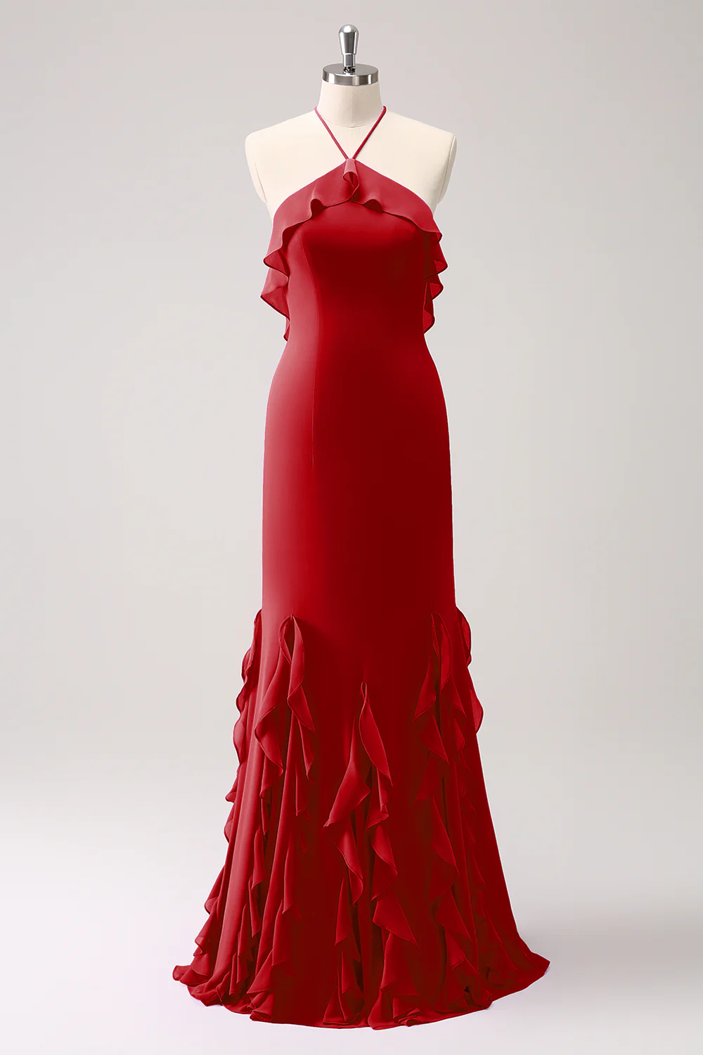 Tahiti Mermaid Halter Ruffle Chiffon Long Bridesmaid Dress - JUORTHO