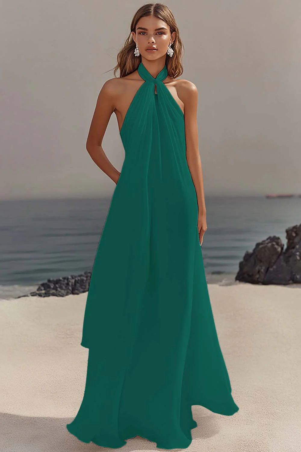 Chiffon White A Line Halter Long Rehearsal Dinner Dress - JUORTHO