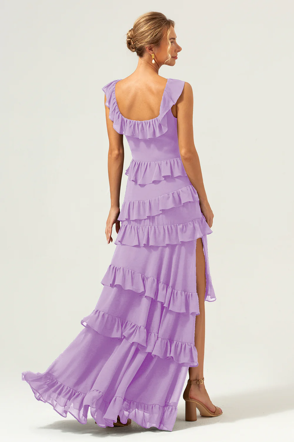 Dark Navy A-Line Tiered Chiffon Long Bridesmaid Dress - JUORTHO