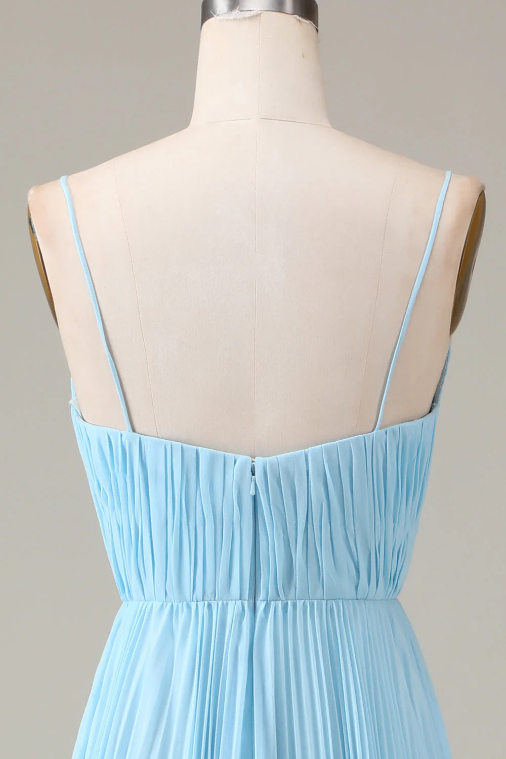 Sky Blue Spaghetti Straps V-neck A-line Pleated Chiffon Bridesmaid Dress - JUORTHO