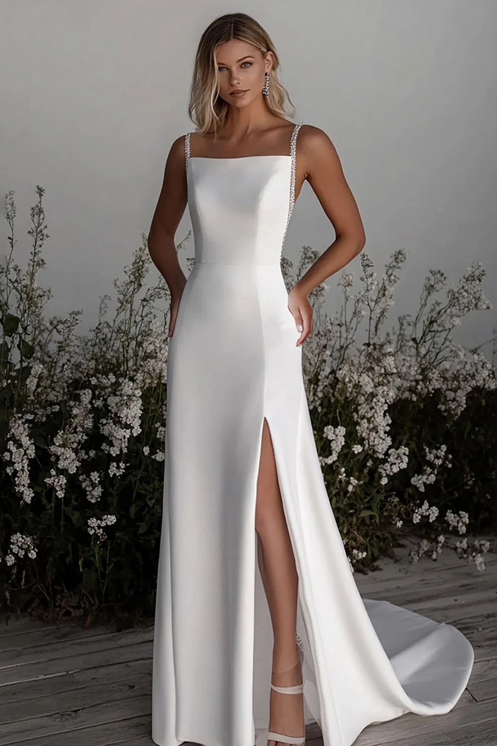 Simple Ivory Satin Sheath Wedding Dress with Slit - JUORTHO
