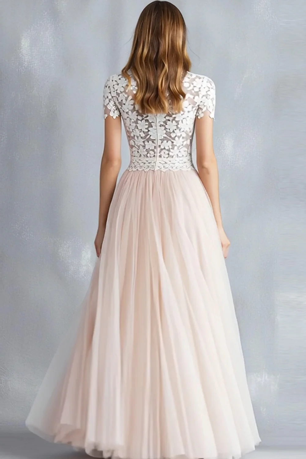 Light Pink A Line Lace Tulle Bridesmaid Dress With Short Sleeves - JUORTHO