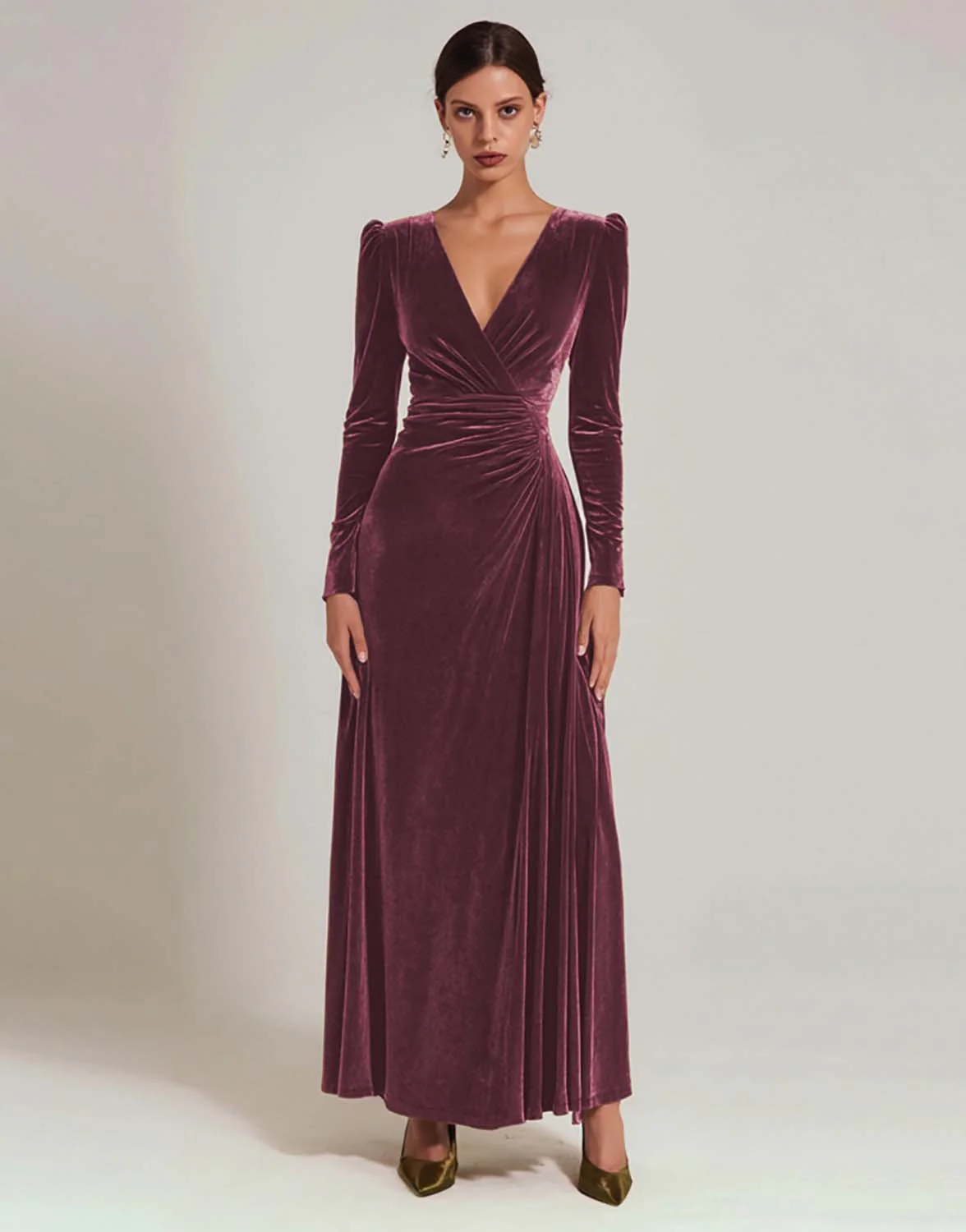 Olive Velvet A Line V-Neck Long Holiday Party Dress with Sleeves - JUORTHO
