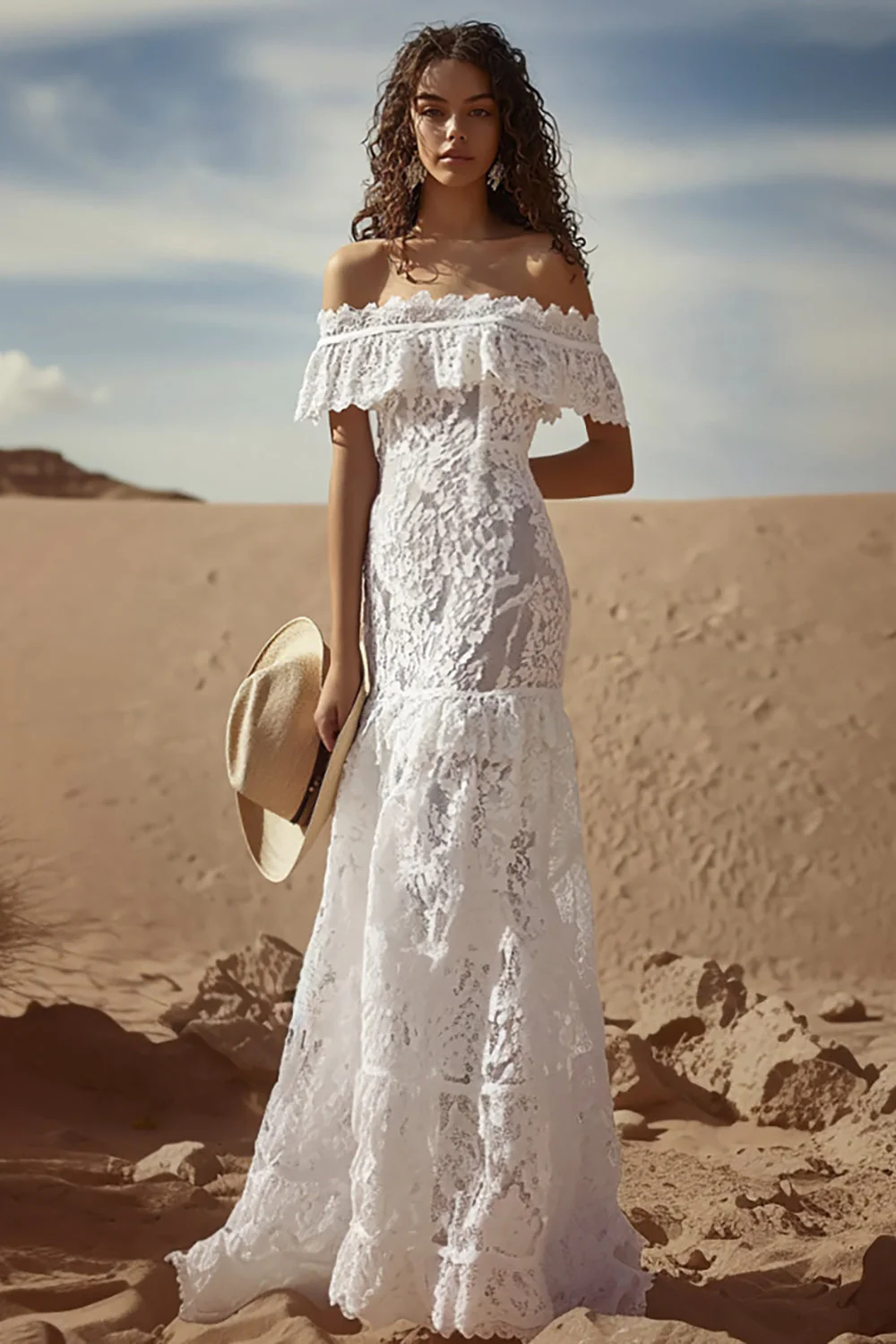 White Lace Off The Shoulder Long Boho Maxi Dress with Ruffles - JUORTHO