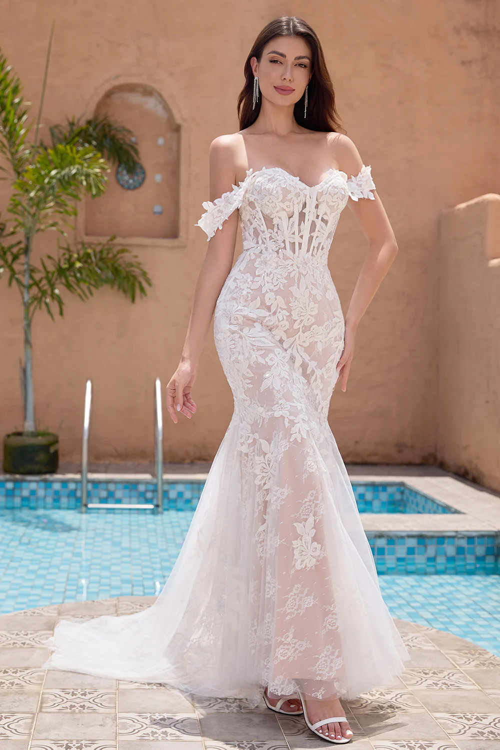 White Mermaid Off the Shoulder Corset Wedding Dress with Applique Lace - JUORTHO