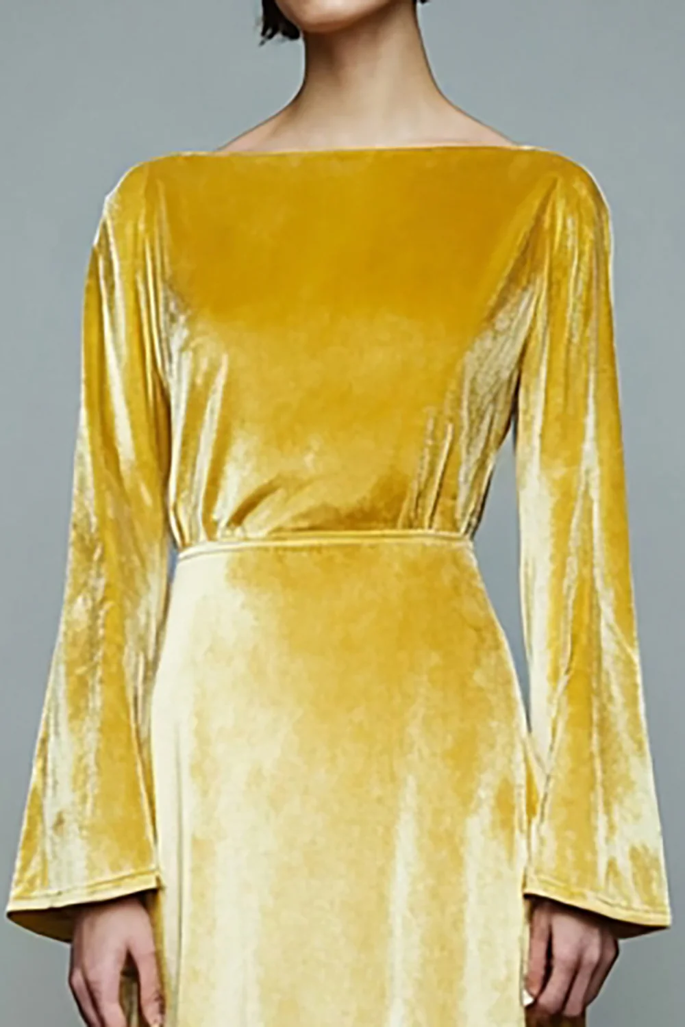 Yellow Velvet Long A Line Holiday Party Dress with Sleeves - JUORTHO