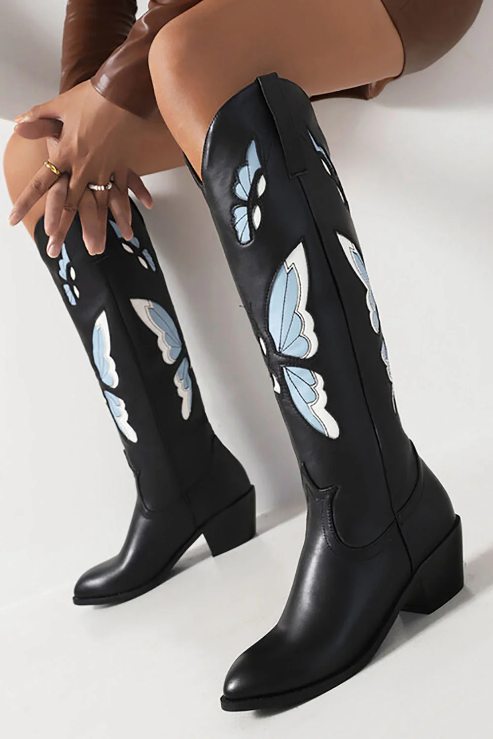 Black Butterfly Pattern Mid Calf Chunky Heel Cowgirl Boots - JUORTHO