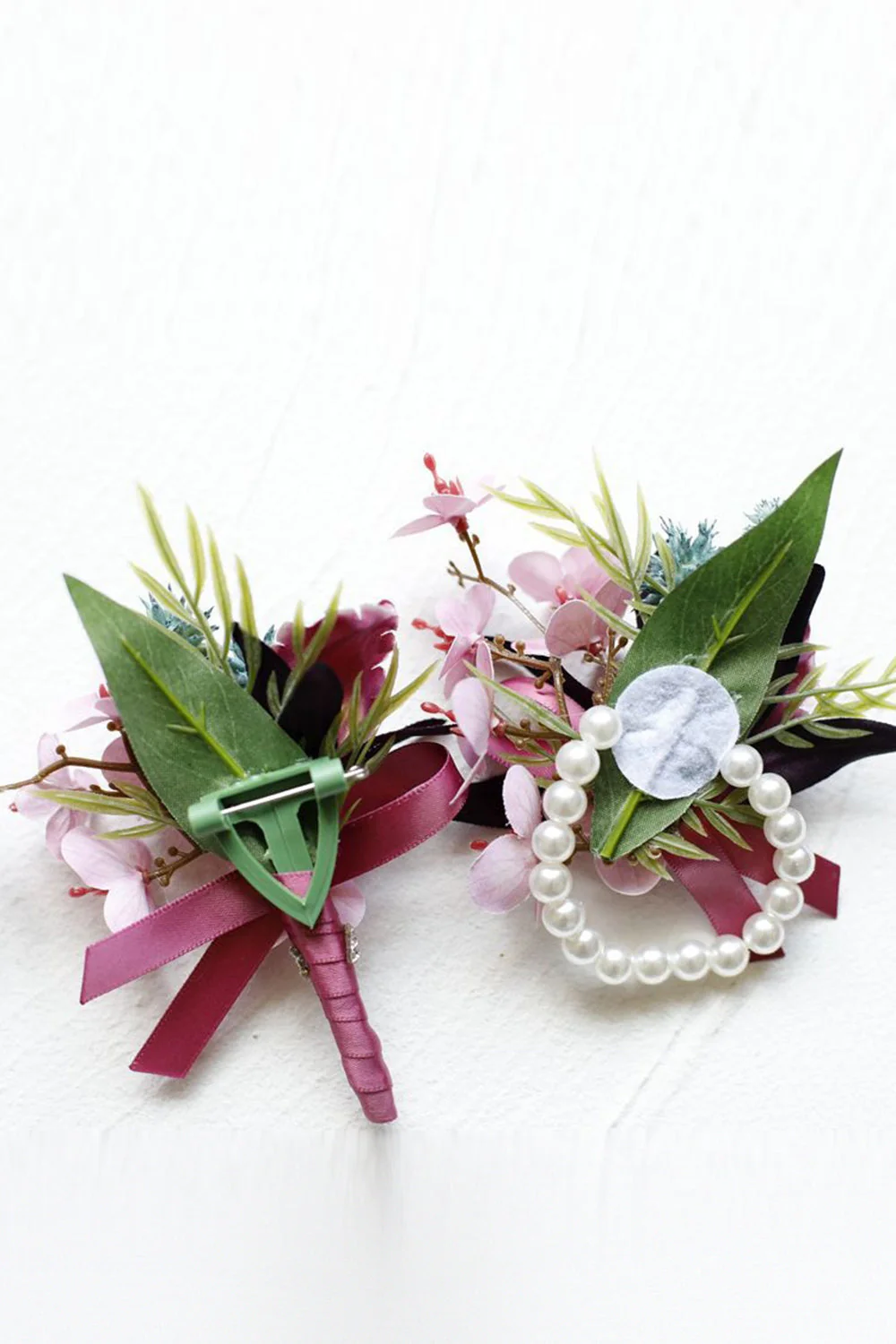 Burgundy Prom Wrist Corsage and Men‘s Boutonniere with Pearls - JUORTHO