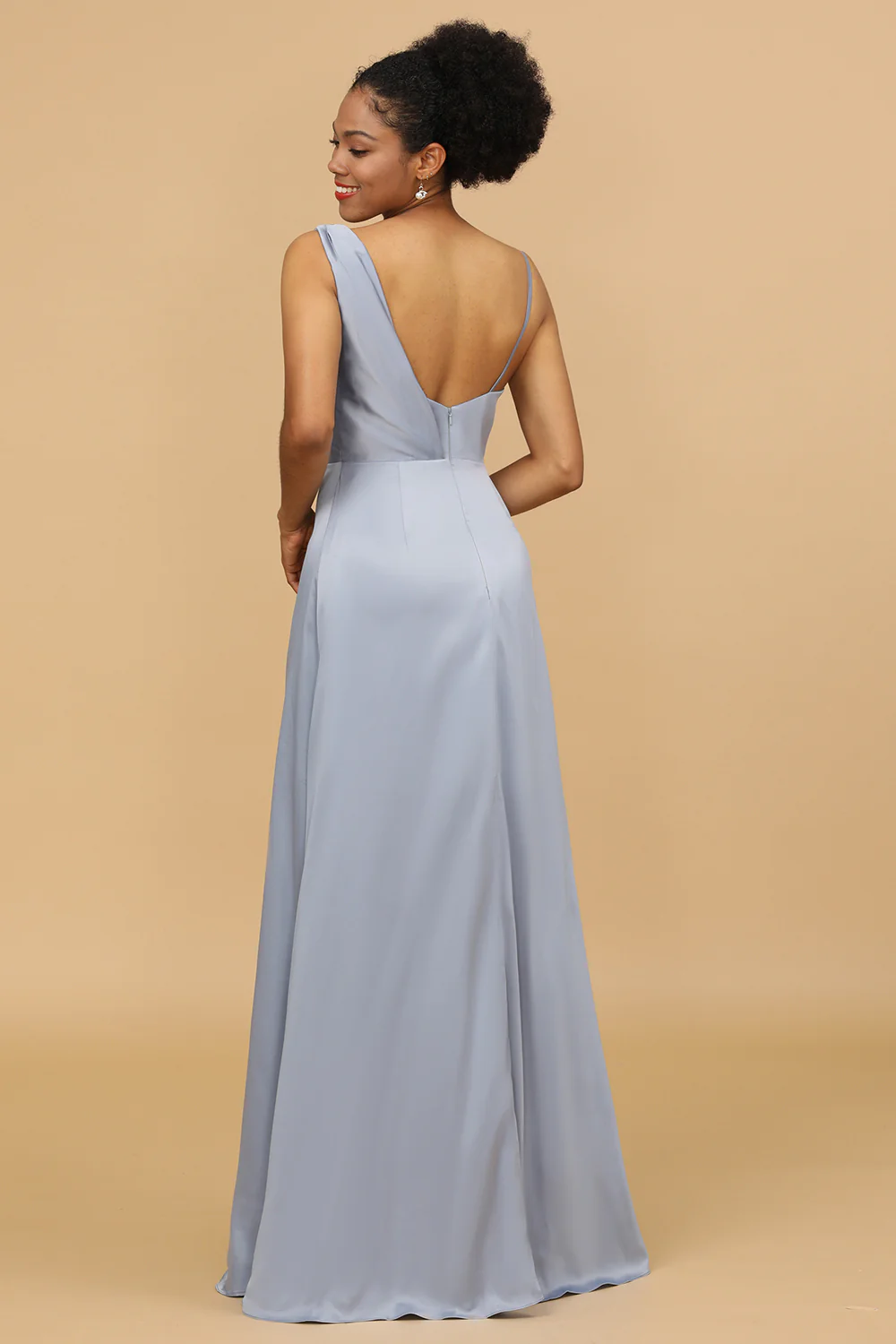 Grey Blue Cowl Neck Floor-Length Satin Bridesmaid Dress - JUORTHO