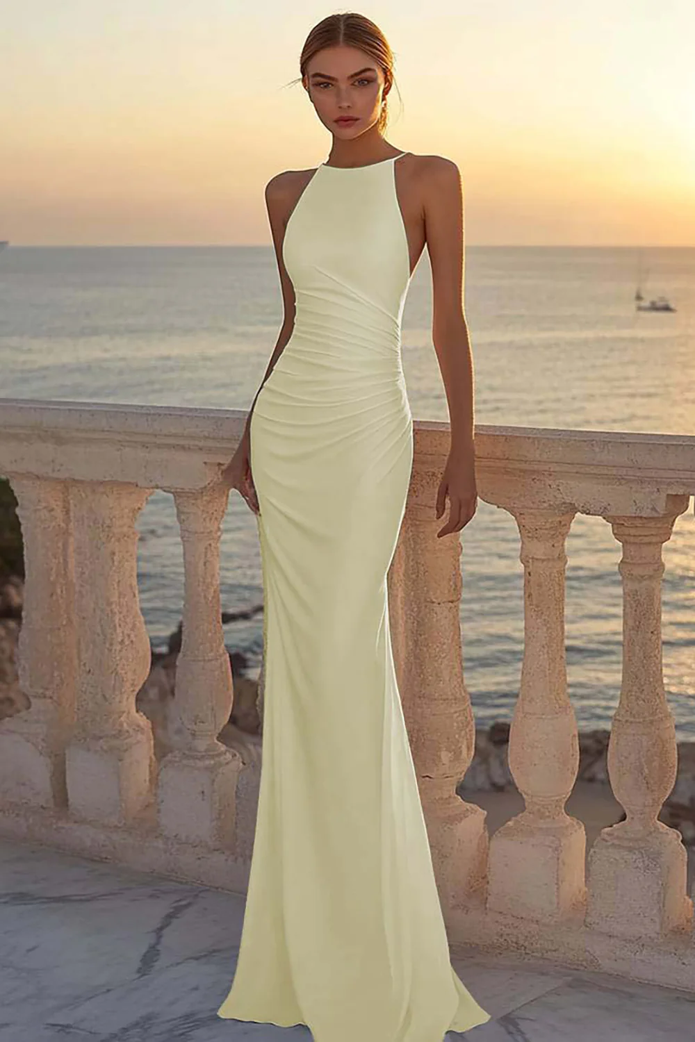 White Satin Mermaid Round Neck Ruched Boho Wedding Dress - JUORTHO