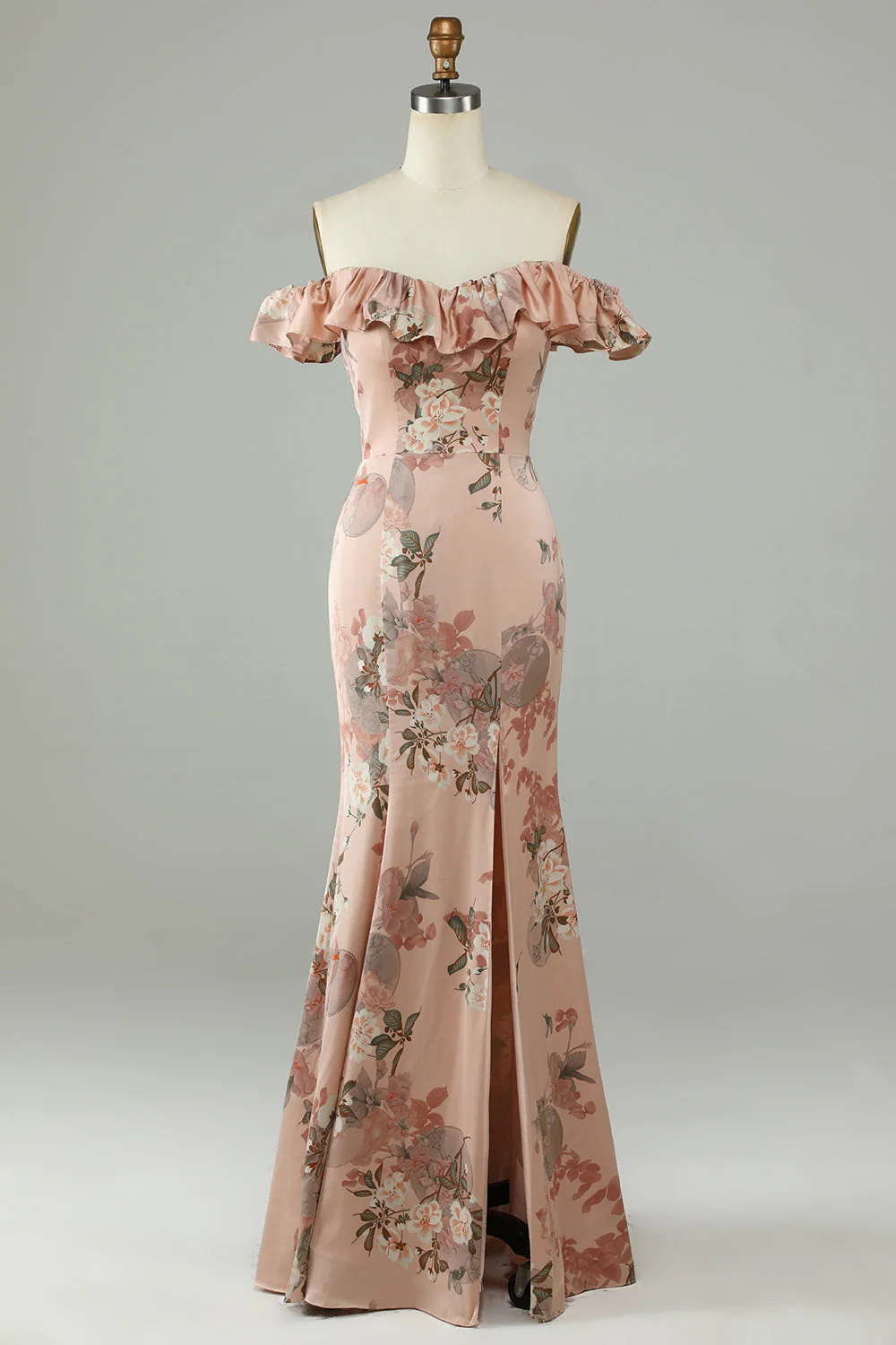 Flower Printed Off The Shoudler Blush Long Bridesmaid Dress with Slit - JUORTHO