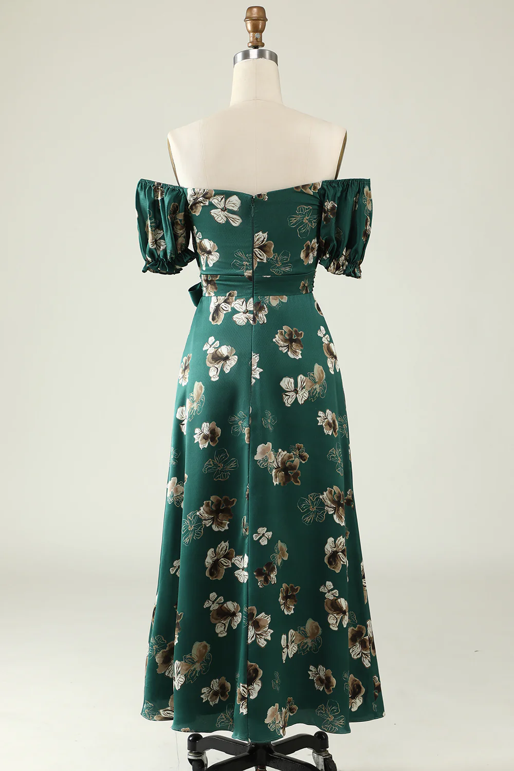 A Line Off the Shoulder Dark Green Printed Bridesmaid Dress - JUORTHO