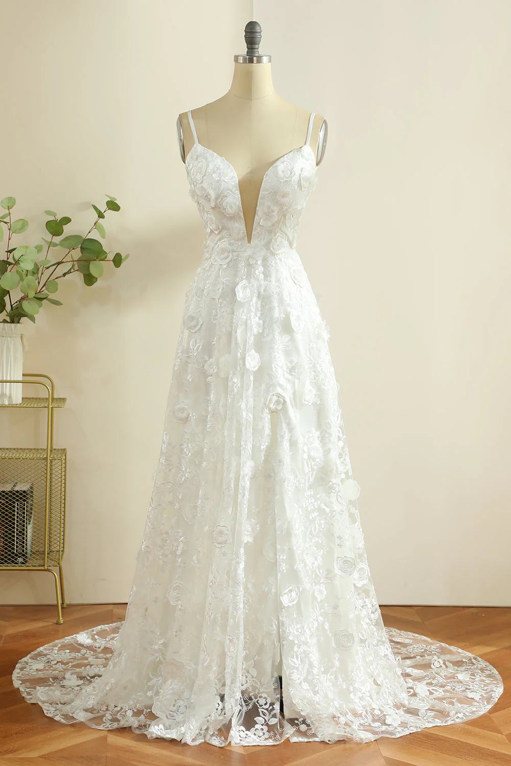 White Spaghetti Straps Boho Wedding Dress with Slit - JUORTHO