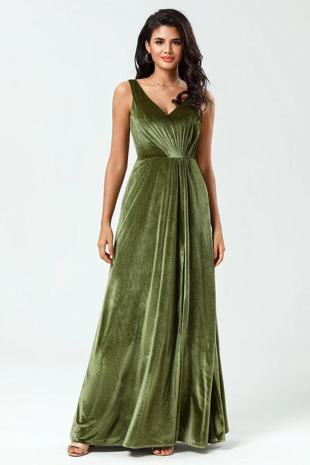 V-Neck Sleeveless A Line Olive Velvet Bridesmaid Dress with Slit - JUORTHO