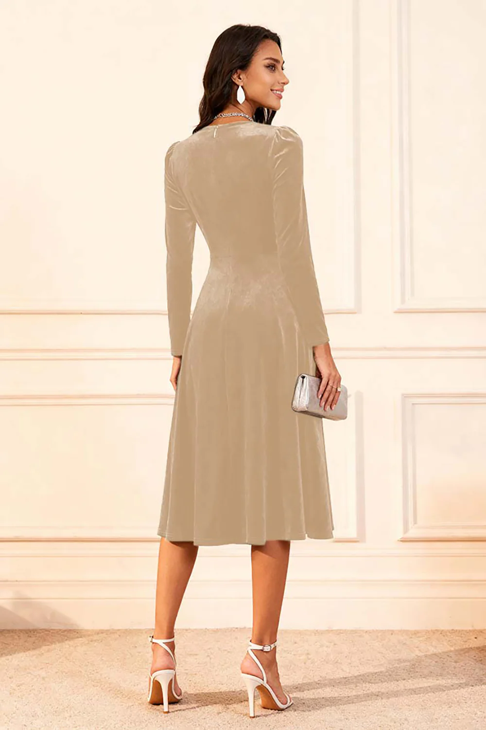 Dark Green A Line Velvet Midi Glitter Holiday Party Dress with Sleeves - JUORTHO