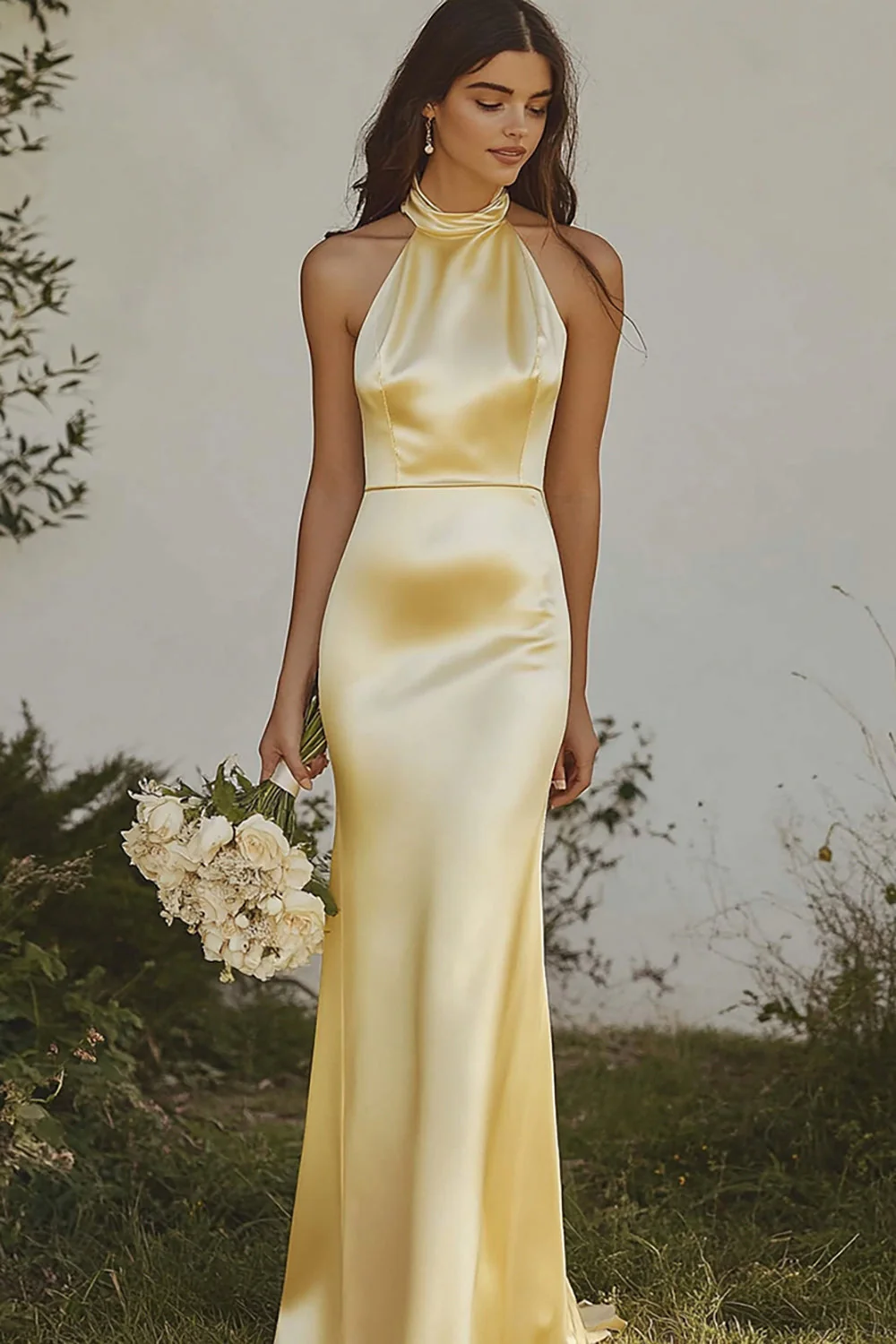 Mermaid Light Yellow Halter Long Satin Bridesmaid Dress - JUORTHO