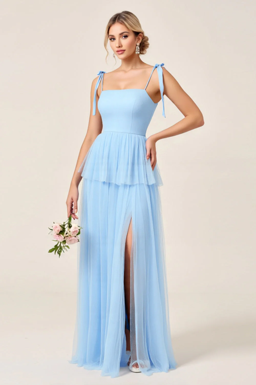 Sky Blue A Line Spaghetti Straps Long Bridesmaid Dress with Slit - JUORTHO