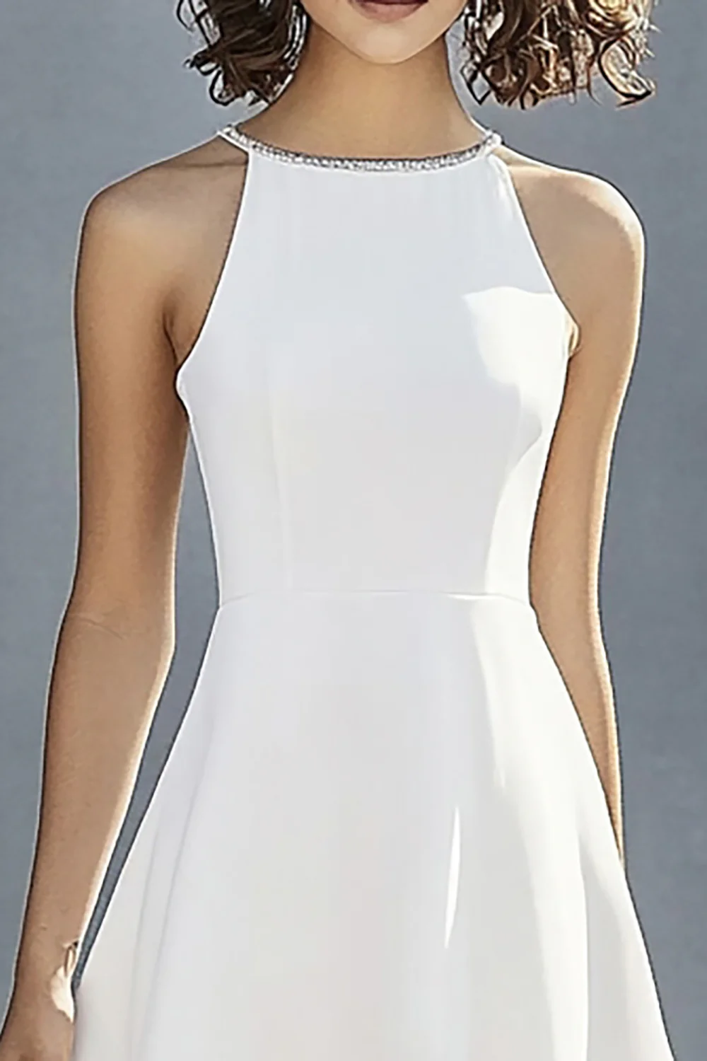 Ivory Satin A Line Halter Little White Dress - JUORTHO