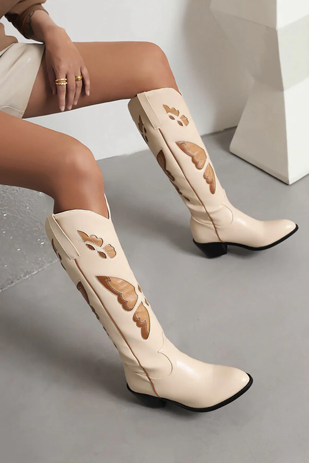 Black Butterfly Pattern Mid Calf Chunky Heel Cowgirl Boots - JUORTHO