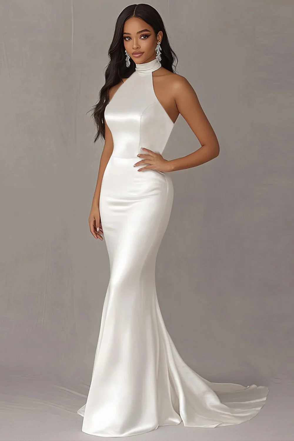 Elegant Satin Halter Ivory Mermaid Wedding Dress - JUORTHO