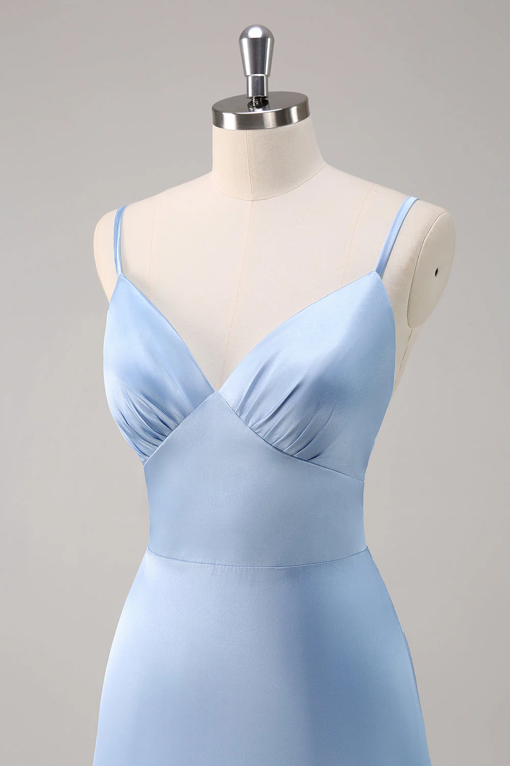 Sky Blue A-Line Spaghetti Straps Satin Long Bridesmaid Dress - JUORTHO