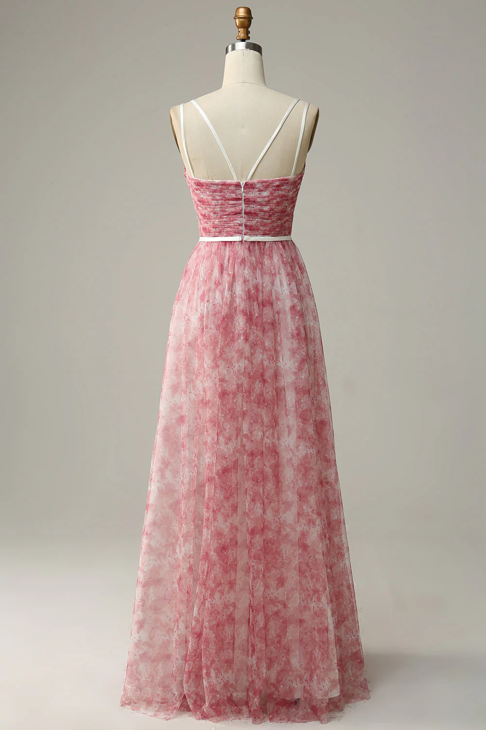 Blue Printed A-Line Tulle Long Bridesmaid Dress - JUORTHO