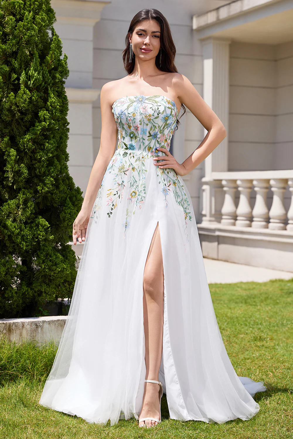 White A Line Strapless Tulle Slit Wedding Dress with 3D Flowers - JUORTHO