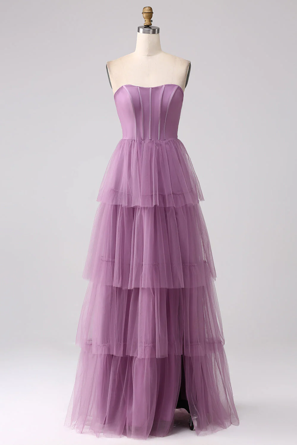 Purple A Line Tulle Tiered Pleated Long Prom Dress with Slit - JUORTHO