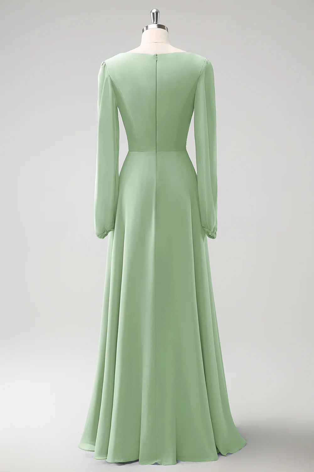 A Line Grey Blue V-Nack Chiffon Bridesmaid Dress with Long Sleeves - JUORTHO