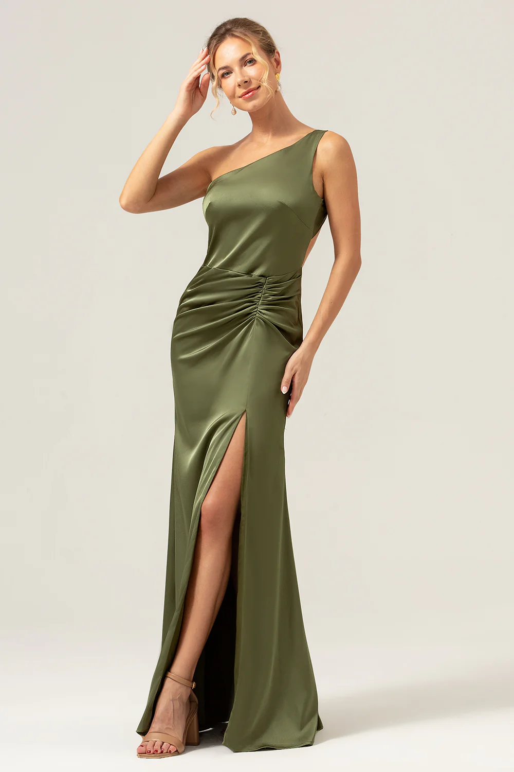 Olive One Shoulder Mermaid Satin Long Bridesmaid Dress with Slit - JUORTHO