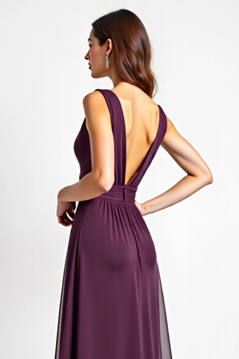 Purple Deep V-Neck Chiffon Long Bridesmaid Dress with Slit - JUORTHO