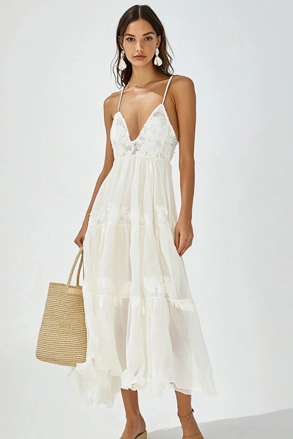 White V Neck A Line Boho Maxi Dress with Ruffles - JUORTHO
