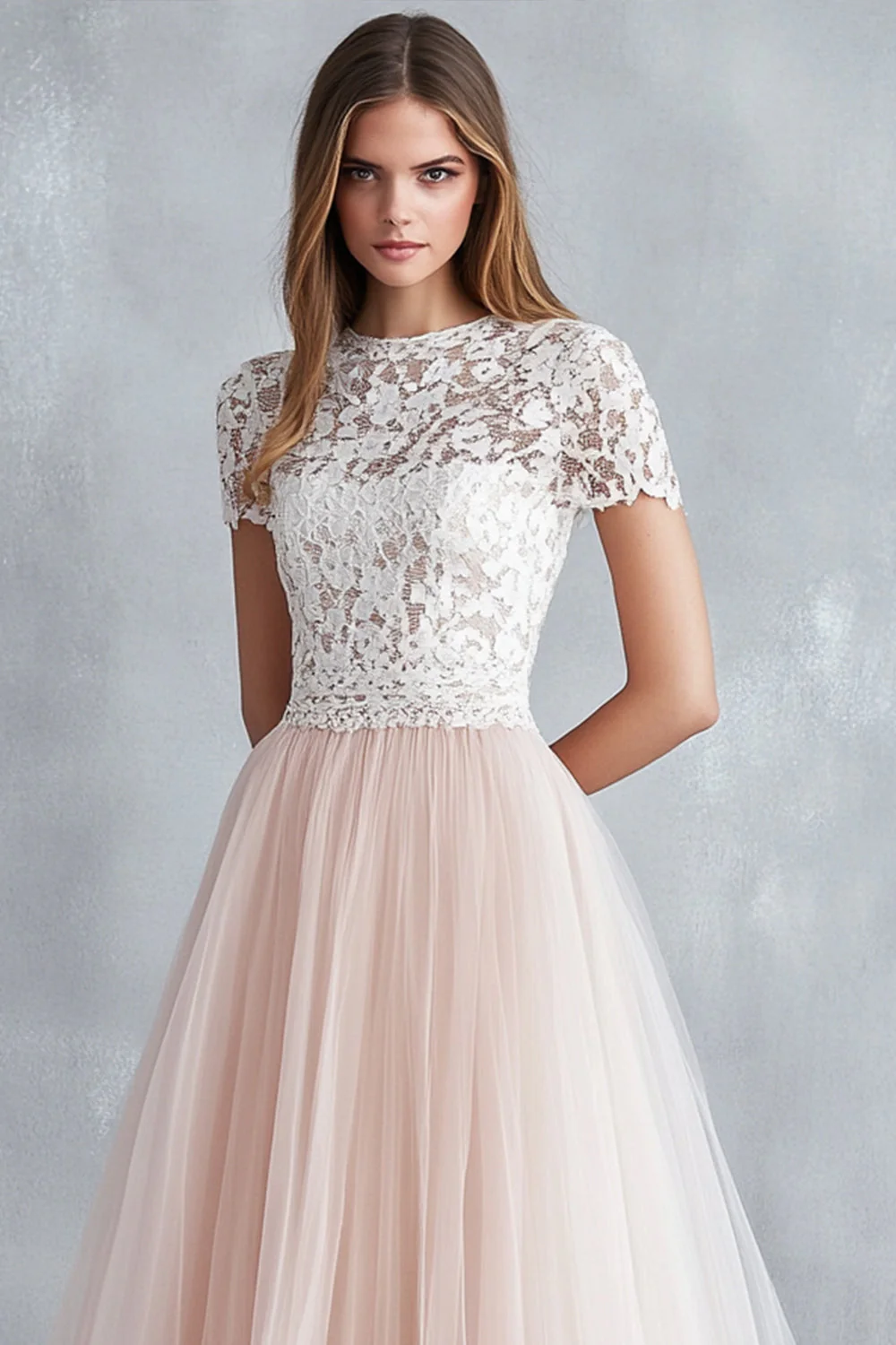 Light Pink A Line Lace Tulle Bridesmaid Dress With Short Sleeves - JUORTHO