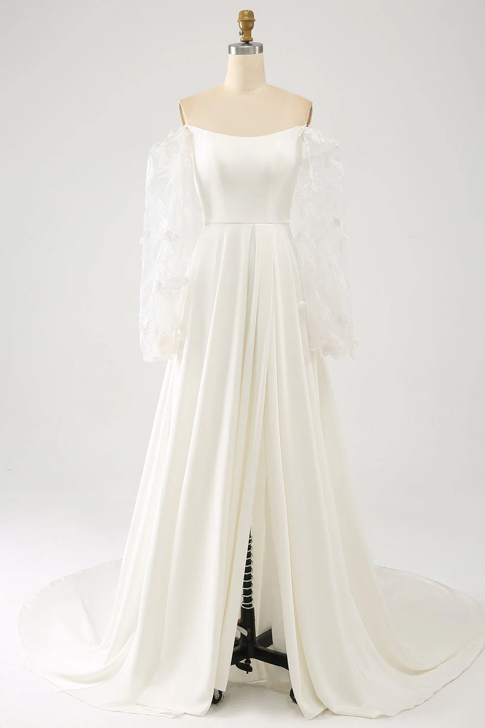 Ivory A Line Long Chiffon Wedding Dress With 3D Butterflies Long Sleeves - JUORTHO