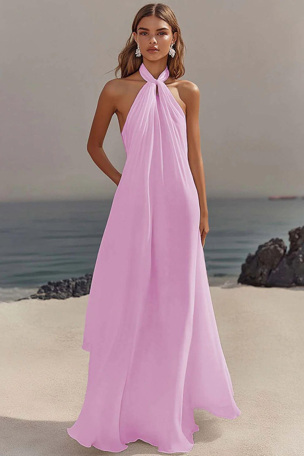 Chiffon White A Line Halter Long Rehearsal Dinner Dress - JUORTHO