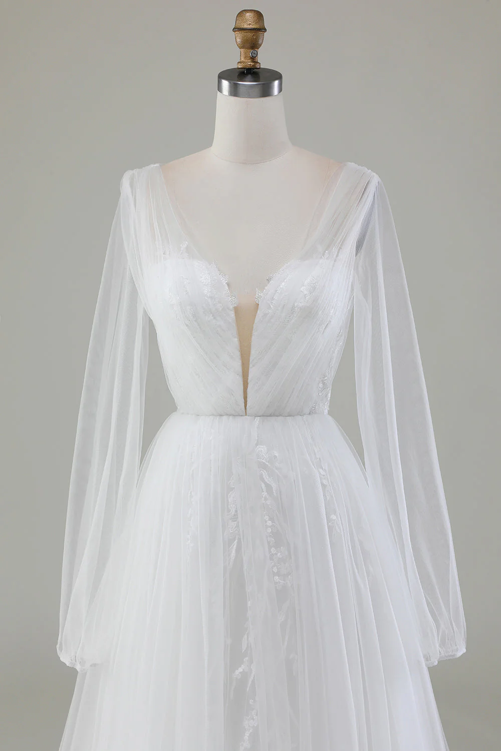 Ivory A-Line V-Neck Pleated Tulle Wedding Dress With Long Sleeves - JUORTHO