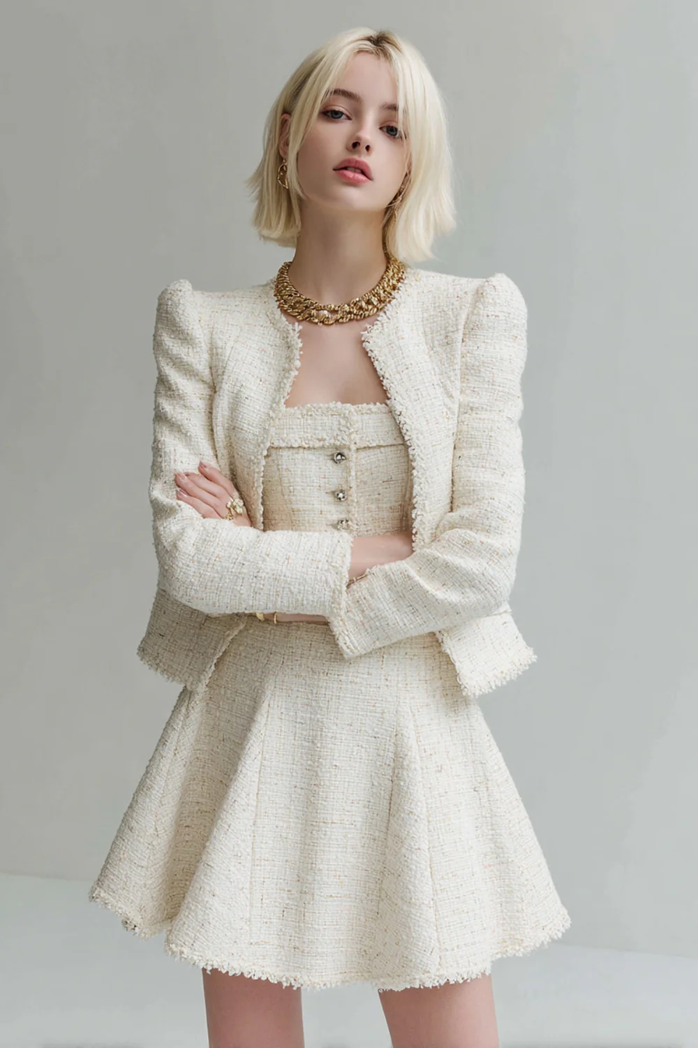 White 2 Piece Tweed Long Sleeves Homecoming Outfits - JUORTHO