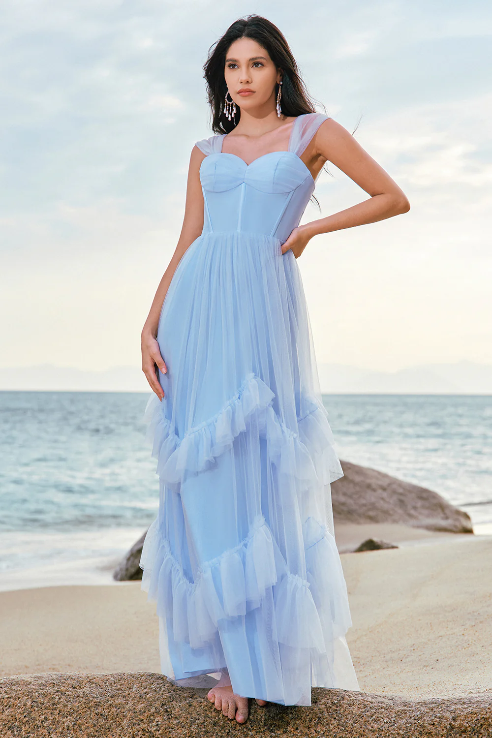 Grey Blue Corset Tulle Ruffled Long Bridesmaid Dress - JUORTHO