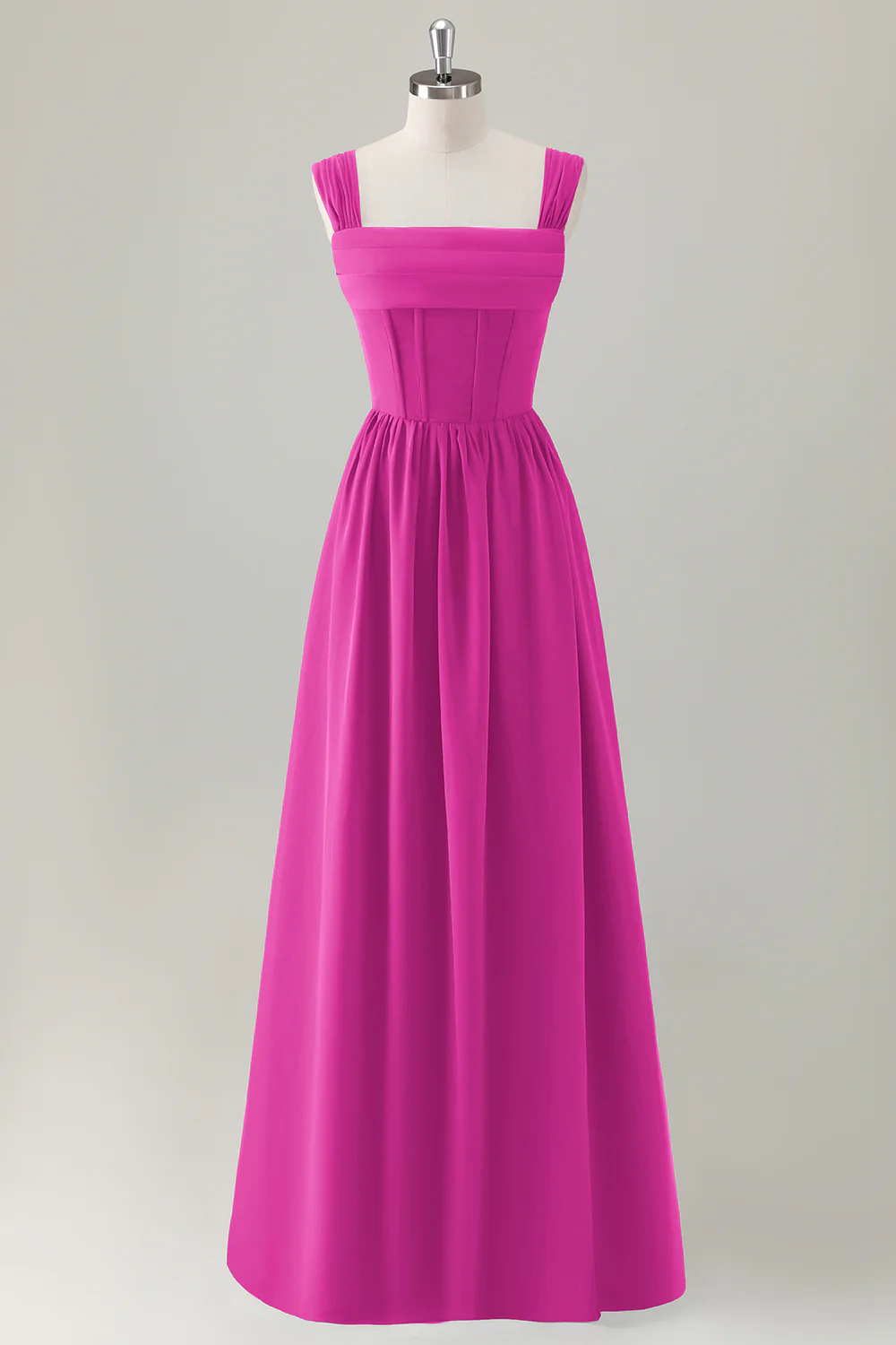 Champagne Corset A-Line Square Neck Long Bridesmaid Dress with Lace Up Back - JUORTHO