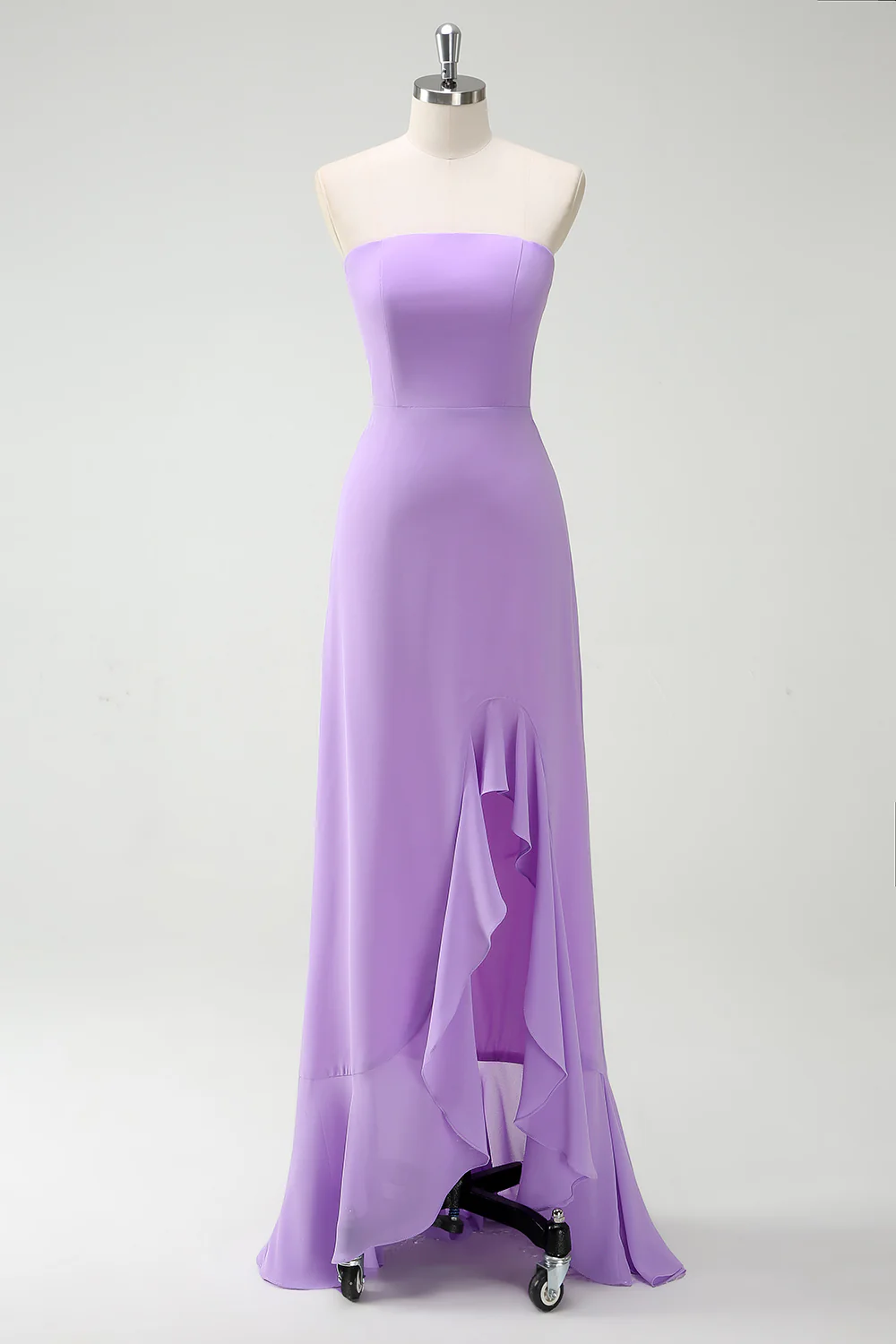 Simple Purple Strapless Chiffon Long Bridesmaid Dress With Slit - JUORTHO