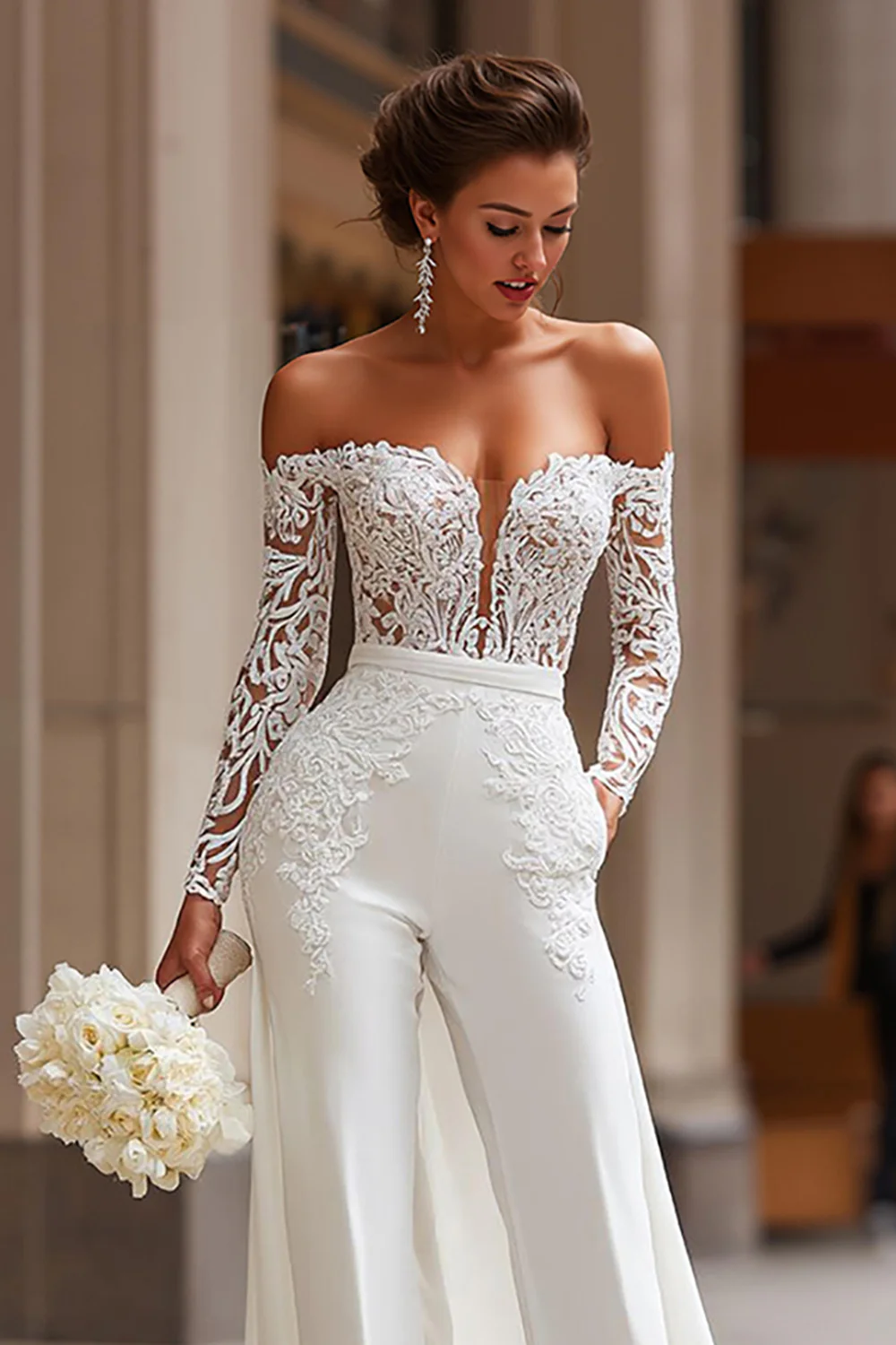 White Long Sleeves Appliqued Bridal Jumpsuits with Cape - JUORTHO